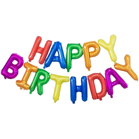 Set Baloane din Folie Metalizata, Cyrax, Model Happy Birthday, Litere de 40 cm, Baloane Party, Ambalaj Individual, Pai, Ata si Adeziv Incluse, Umflare cu Aer sau Heliu, Multicolor