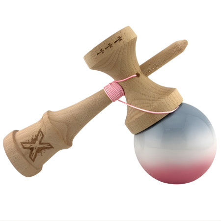 Kendama X Originala, Profesionala, Cyrax, Big Cups V2, Super Sticky Cupe Mari, Rulment Metalic cu Ata 55 cm, Gradient Roz/Alb/Gri