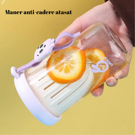 Pahar din silicon, cu capac si pai, pentru copii, Cyrax, anti-cadere, compartiment pentru fructe/ceai/gheata, rezistent la temperaturi inalte, 500ml, Mov, 14.5x8.8x20 cm