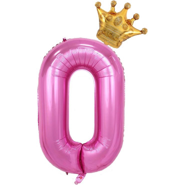 Balon din Folie Metalizata Cyrax, Figurina Cifra si Coroana, Tema Aniversare 100 cm, Ambalaj Individual, Pai inclus, Umflare cu Aer sau Heliu, Roz, Cifra 0