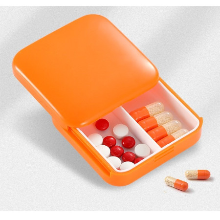 Cutie depozitare medicamente, 2 compartimente, Glisanta, Portocaliu, Patrata,  Inchidere etans
