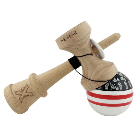 Kendama X Originala CHICANOS, Profesionala, Cyrax, Cupe Mari KING SIZE V3, Super Sticky, Gaura in Baza, Rulment Metalic, din lemn 18 cm, Ata 55 cm, Negru/Alb