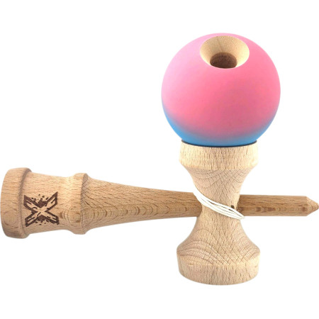 Kendama X Originala, Profesionala, Cyrax, din Lemn, Rubber Grip, 18 cm, Albastru/Roz