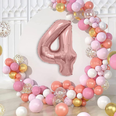 Balon din Folie Metalizata Cyrax, Figurina Cifra, Tema Aniversare 100 cm, Ambalaj Individual, Pai inclus, Umflare cu Aer sau Heliu, Coral, Rose, Cifra 4