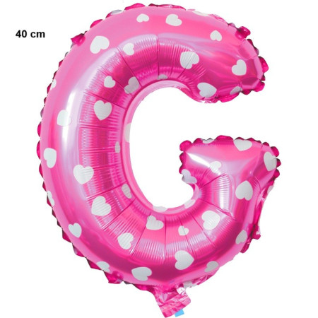 Balon Folie Metalizata Litera G, Cyrax, 40 cm, Cu Imprimeu Inimioare, Umflati cu Heliu sau Aer, Ambalaj Individual, Pai inclus, Roz