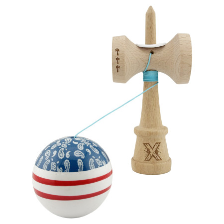 Kendama X Originala CHICANOS, Profesionala, Cyrax, Cupe Mari KING SIZE V3, Super Sticky, Gaura in Baza, Rulment Metalic, din lemn 18 cm, Ata 55 cm, Albastru/Alb