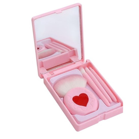 Set 4 Mini Pensule de Machiaj, Cyrax, Portabile, in Carcasa cu Oglinda, din Par Sintetic Moale, Roz, Model cu Inima, 12x7x2.5 cm