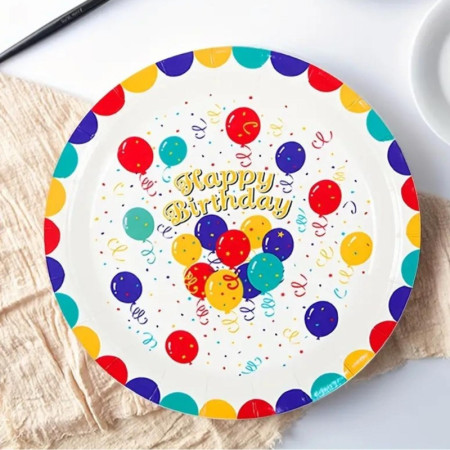 Set 10 Farfurii de Unica Folosinta, Cyrax, din Carton, 18 cm, Model Happy Birthday, Multicolor