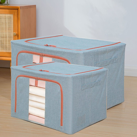 Cutie de Depozitare Pliabila,  24 L, din Bumbac si In, 40x30x20 cm, Fereastra Frontala, 2 Usi de Acces cu Fermoar Bidirectional, Cadru Metalic, Suport Baza Stabil din Plastic, Bleu