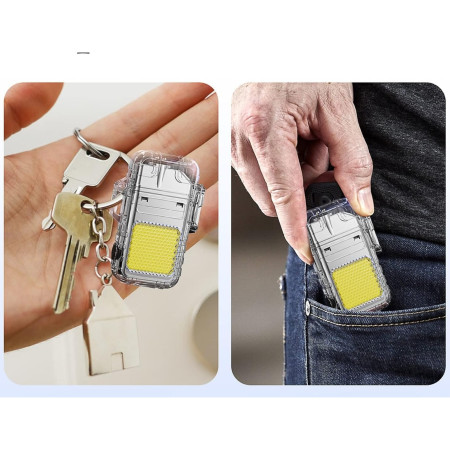 Lanterna Tip Breloc cu Bricheta,  Impermeabila, 3 Moduri Iluminare, 300 mAh, Incarcare USB-C, COB, Raza de Actiune 50 - 100 m, 7.4 x 4.9 x 1.7 cm, Argintiu