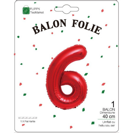 Balon din Folie Metalizata Cyrax, Figurina Cifra, Tema Aniversare 40 cm, Ambalaj Individual, Pai inclus, Umflare cu Aer sau Heliu, Rosu, Cifra 6