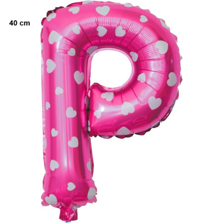 Balon Folie Metalizata Litera P, Cyrax, 40 cm, Cu Imprimeu Inimioare, Umflati cu Heliu sau Aer, Ambalaj Individual, Pai inclus, Roz