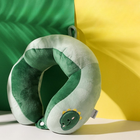 Perna de Calatorie,  Pentru Gat si Cap, Umplutura din Bumbac, 28x28x10 cm, cu Model Brodat Dinozaur, Verde