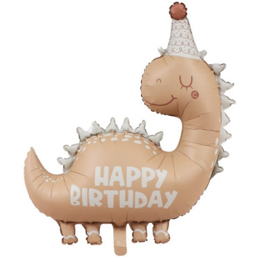 Balon din Folie Metalizata, Cyrax, Figurina Animata, Model Dinozaur Happy Birthday, 80 x 77 cm, Ambalaj Individual, Pai Inclus, Umflare cu Aer sau Heliu, Maro