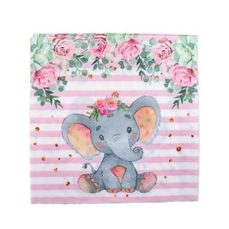 Set 20 de Servetele de Masa, Cyrax, Imprimeu Elefant, din Hartie, 16.5 x 16.5 cm, Roz