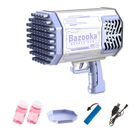 Pistol pentru Baloane de Sapun, Cyrax, 69 de Gauri, Lumini Colorate, Tavita, Lichid, Baterie de Li, Cablu de Incarcare, 24cm x 14cm x 24cm, Mov