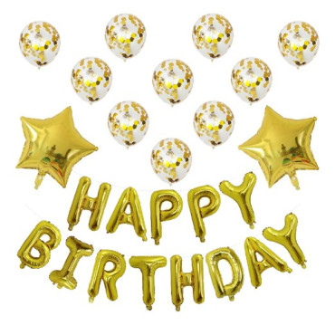 Cyrax Set 12 Baloane si 1, Set pentru Aniversare, mesaj Happy Birthday, din folie de aluminiu, 30 -45 cm, Cu paiete, latex si folie, Auriu