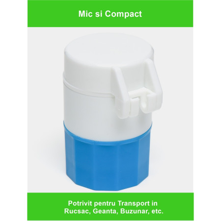 Cutie Pastile Multifunctionala,  4 in 1, Pahar Apa, Taiere, Sfaramare, Depozitare, Compact, ABS cu Lama din Inox, Alb/Albastru, 8.7x6.2x4.1 cm