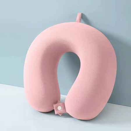 Perna de Calatorie in Forma de U,  Pentru Gat si Cap, Umplutura din Spuma cu Memorie, 30x30 cm, Sistem Prindere Capse, Cutie de Depozitare, Roz
