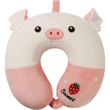 Perna de Calatorie in Forma de U,  Pentru Gat si Cap, Umplutura din Spuma cu Memorie, 30x30 cm, Model Purcelus, Accesoriu de Voiaj, Birou, Masina, Sistem Prindere Capse, Alb-Roz