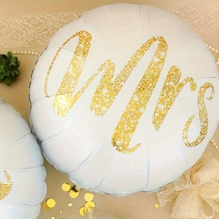 Set 12 Baloane din Folie Metalizata si din Latex, Cyrax, Model Mr Mrs, Tema Nunta, Baloane Party cu Confetti, 45 cm, 30 cm, Pai inclus, Umflare cu Aer sau Heliu, Alb/Auriu