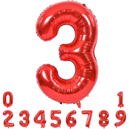 Balon din Folie Metalizata Cyrax, Figurina Cifra, Tema Aniversare 100 cm, Ambalaj Individual, Pai inclus, Umflare cu Aer sau Heliu, Rosu, Cifra 3