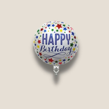 Balon din Folie Metalizata, Cyrax, Mini Figurina Rotunda, Model Happy Birthday, Tema Aniversare, 45 cm, Ambalaj Individual, Pai inclus, Umflare cu Aer sau Heliu, Multicolor
