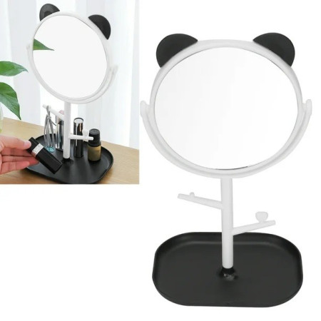 Oglina Cosmetica cu Picior, Cyrax, HD, Rotire 360 Grade, 15 cm Diametru, Suport Bijuterii Baza + Brate, Model cu Urechi, 30 x 16.5 x 15 cm, Alb/Negru