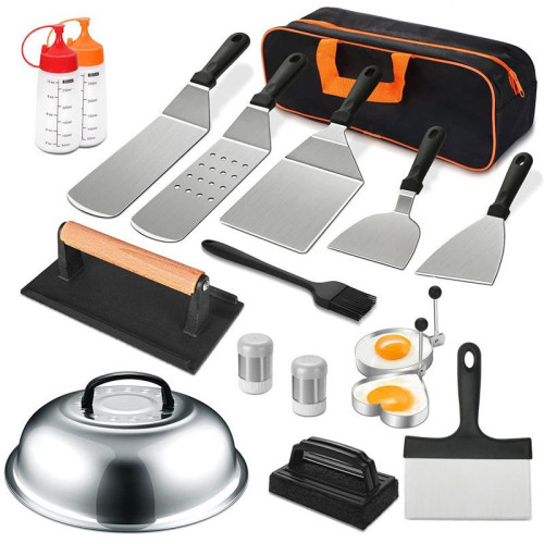 Ustensile pentru Gratar, Cyrax, Set din 17 Ustensile pentru Gratar cu Preparare de tip Plita, Ustensile din Otel Inoxidabil cu Manere din Plastic PP, cu Geanta, Negru...