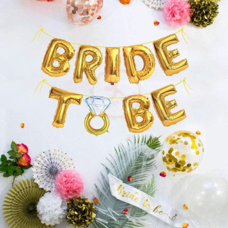 Set Baloane din Folie Metalizata, Cyrax, Model Bride to Be cu Inel de Logodna, Litere de 40 cm, Baloane Party, Ambalaj Individual, Pai Inclus, Umflare cu Aer sau Heliu, Auriu