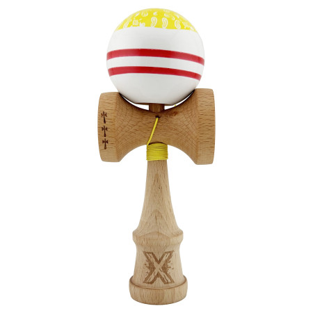 Kendama X CHICANOS Originala, Profesionala, Cyrax, Big Cups V2, Super Sticky cu Cupe Mari, Rulment Metalic, din lemn 18 cm, Ata 55 cm, Auriu/Alb