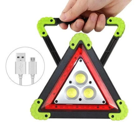 Triunghi Multifunctional de Avertizare,  Lanterna LED, Impermeabil IP65, 800 lm, 2 x AA, Functie Incarcare Telefon, USB si Micro USB, COB, Verde