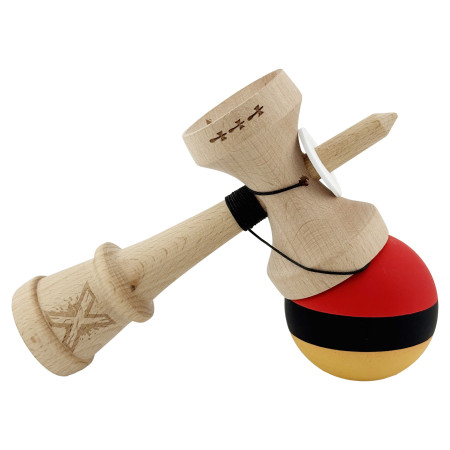 Kendama X Originala, Profesionala, Cyrax, Cupe Mari KING SIZE V3, Rubber Grip, Gaura in Baza, Rulment Metalic, din lemn 18 cm, Ata 62/65 cm, M Rosu/Negru/Galben