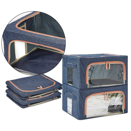 Cutie de depozitare pliabila,  Cu fermoar, 66 L, Textil, 50x40x33 cm, Albastru Marin, Cadru Metalic, Suport Baza Stabil din Plastic, Cu doua ferestre