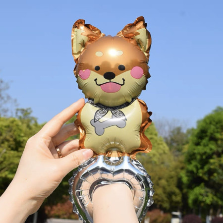 Balon din Folie Metalizata, Cyrax, Figurine Animalute, Tip Bratara, Model Catel, Ambalaj Individual, Pai Inclus, Umflare cu Aer sau Heliu, Maro