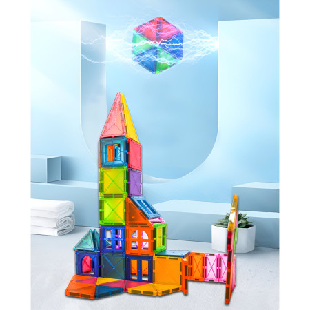 Set 88 Piese Magnetice de Constructie, Cyrax, Piese 5.5 cm, Magnetic Tiles, Forme Geometrice, 3 Ani, ABS, Magnet, 27.5 x 21.5 x 17 cm, Multicolor