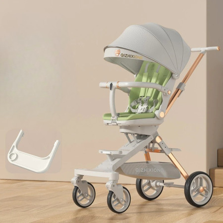 Carucior Sport Cyrax 3in1, 6-36 Luni, Pliabil, Tavita pentru Masa, Pat de Dormit, Centura de Siguranta, Roti 360 Grade, Reversibil, Parasolar, Maner Reglabil, 64 x 35 x 100 cm, Gri/Verde