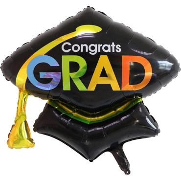 Balon din Folie Metalizata, Cyrax, Figurina, Model Toca Congrats Grad, Tematica Absolvire,  66x66 cm, Ambalaj Individual, Pai Inclus, Umflare cu Aer sau Heliu, Negru
