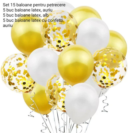 Set 15 baloane pentru petrecere, Cyrax, alb/auriu, 30 cm