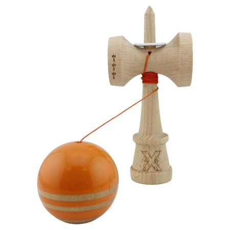 Kendama X Originala RAINBOW, Profesionala, Cyrax, Cupe Mari KING SIZE V3, Super Sticky, Gaura in Baza, Rulment Metalic, din lemn 18 cm, Ata 55 cm, Portocaliu/Maro