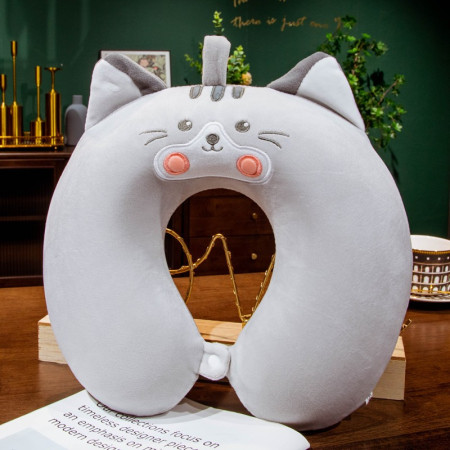 Perna de Calatorie in Forma de U,  Pentru Gat si Cap, Umplutura din Spuma cu Memorie, 30x30 cm, Model Pisica, Accesoriu de Voiaj, Birou, Masina, Sistem Prindere Capse, Gri