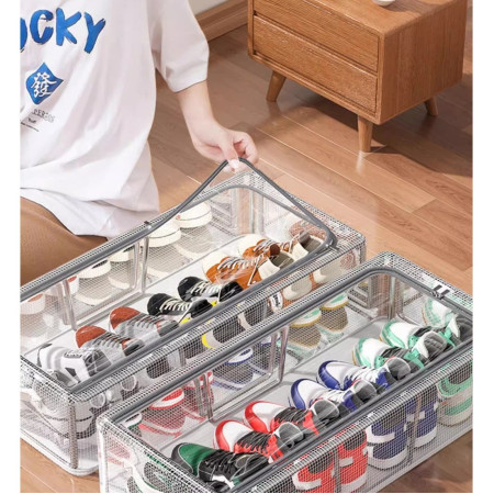 Cutie de Depozitare pentru Pantofi,  60*30*21CM , din Plasa PVC Impermeabila si Cadru de Otel, Pliabila, Fermoar Bidirectional, Transparenta