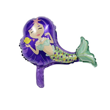 Balon din Folie Metalizata, Cyrax, Mini Figurine, Model Sirena cu Par Mov, Tematica Aniversare, 39x37 cm, Ambalaj Individual, Pai Inclus, Umflare cu Aer sau Heliu, Multicolor