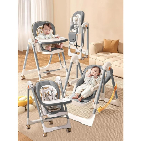 Scaun de Masa 2in1, Cyrax, pentru Copii 6 luni - 4 Ani, Pliabil, cu Roti, Balansoar, Leagan, Reglabil, Tava de Masa Dubla, Centura in 5 Puncte, 96 x 56 x 76 cm, Gri