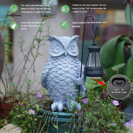 Ornament de Decor pentru Gradina cu LED,  Model Bufnita cu Felinar, Decoratiune Exterioara pentru Casa si Gradina, din Rasina, 21.5x15 cm, Gri