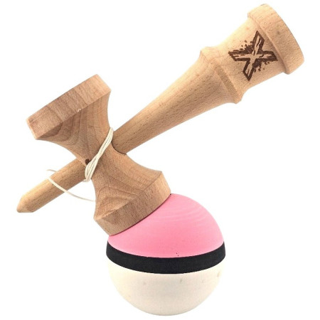 Kendama X Originala, Profesionala, Cyrax, din Lemn, 18 cm, Rubber Grip, Roz/Negru/Alb