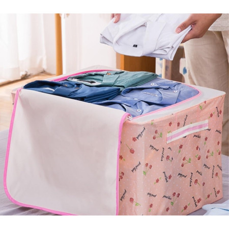 Cutie de Depozitare Pliabila,  Cu Fermoar, 66 L, Textil, 50x40x33 cm, cu Fereastra, Cadru Metalic, Suport Baza Stabil din Plastic, Imprimeu Cirese, Roz