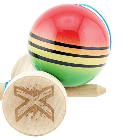 Kendama X Originala, Profesionala, Cyrax, Big Cups V2, Super Sticky Legendary Cupe Mari, Rulment Metalic cu Ata 55 cm, Rosu/Galben/Verde