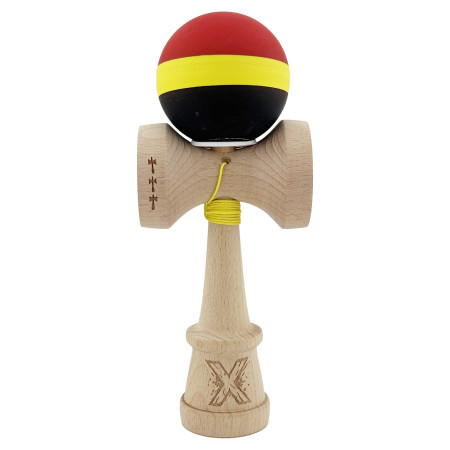 Kendama X Originala, Profesionala, Cyrax, Cupe Mari KING SIZE V3, Rubber Grip, Gaura in Baza, Rulment Metalic, din lemn 18 cm, Ata 62/65 cm, M Rosu/Galben/Negru