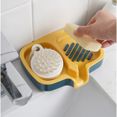 Savoniera Dubla,  Sistem de Scurgere a Apei, din ABS, 14.5 x 18 x 3 cm, Albastru/Galben